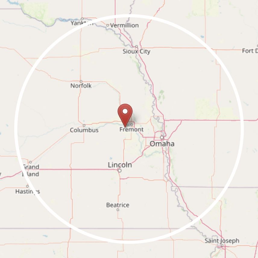 Service area map illustrating 100 mile radius from Cedar Bluffs, Nebraska